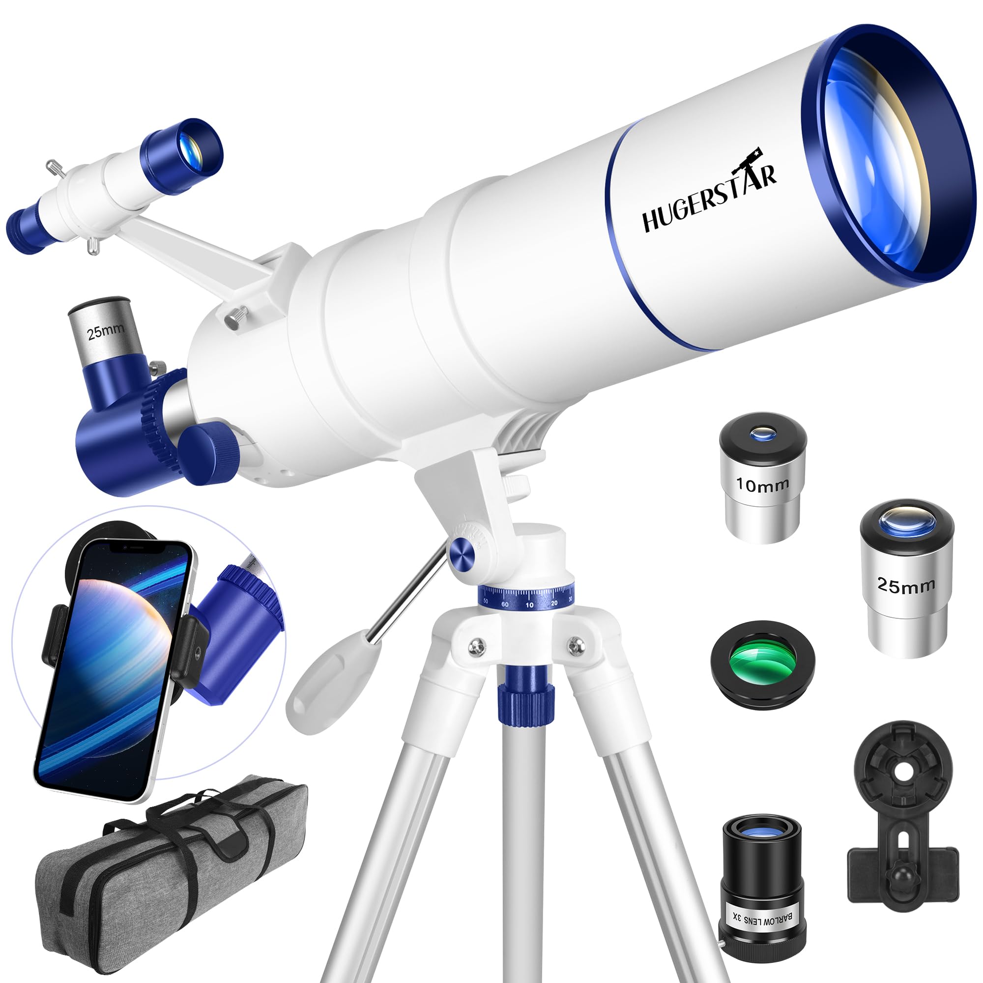 Hugerstar Telescope for Adults High Powered, 90mm Aperture 550mm Portable Refractor Telescope for Astronomy Beginners Fully Multi-Coated Optics with Tripod Phone Adapter, Moon Filter, Carry Bag