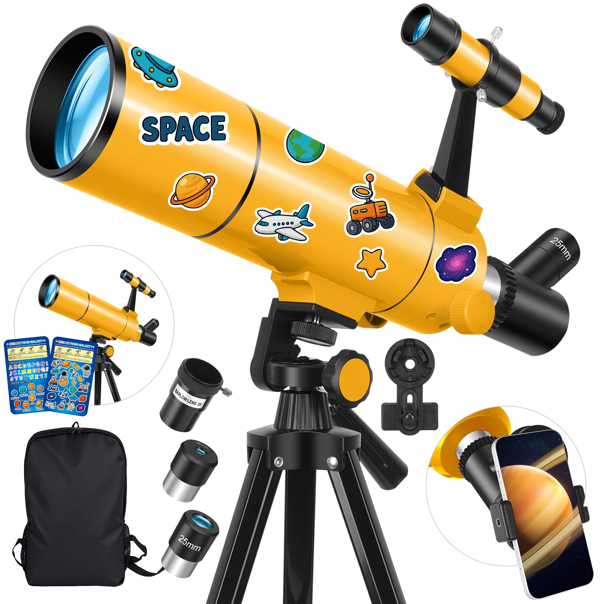 Teleskop Astronomie Profi für Erwachsene & Kinder, 80mm Öffnung 500 mm Astronomisches Refraktor Teleskop für Anfänger, Tragbares Reiseteleskop mit Stativ, Handyadapter, Rucksack & Aufklebern