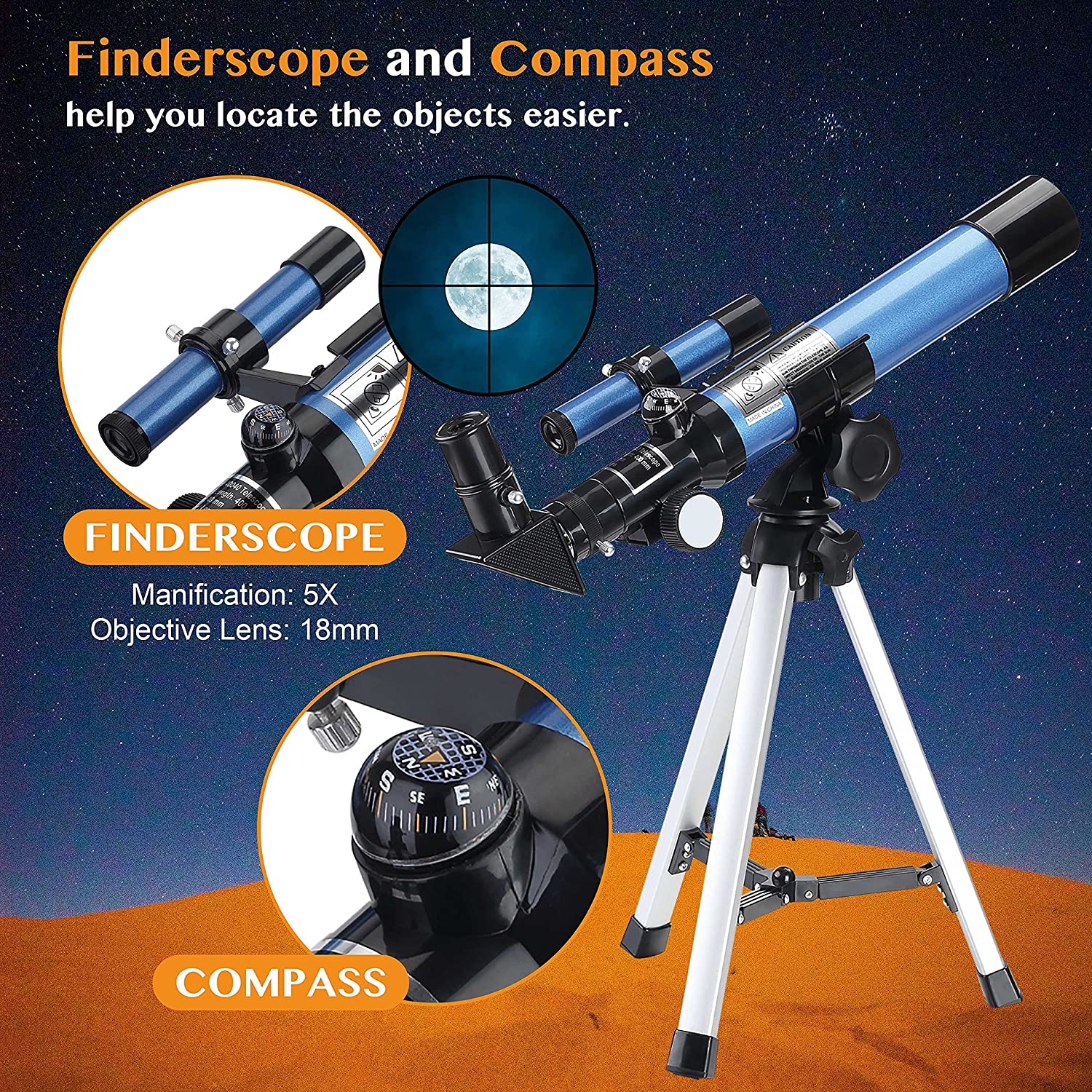Hugerstar Kids Telescopes for Astronomy Portable Astronomical Telescopes Refractor with Finder Scope Compass and Tripod as Gifts